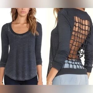 Chaser Grid Cage Back Knot Long Sleeve Tee | Acid Wash Gray | Y2K Vintage | M